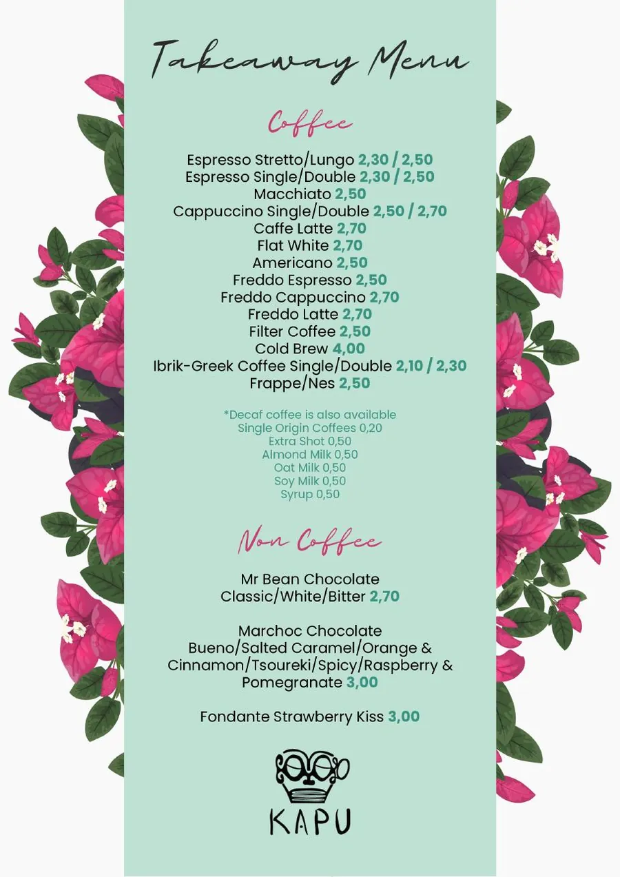KAPU takeaway menu, first page