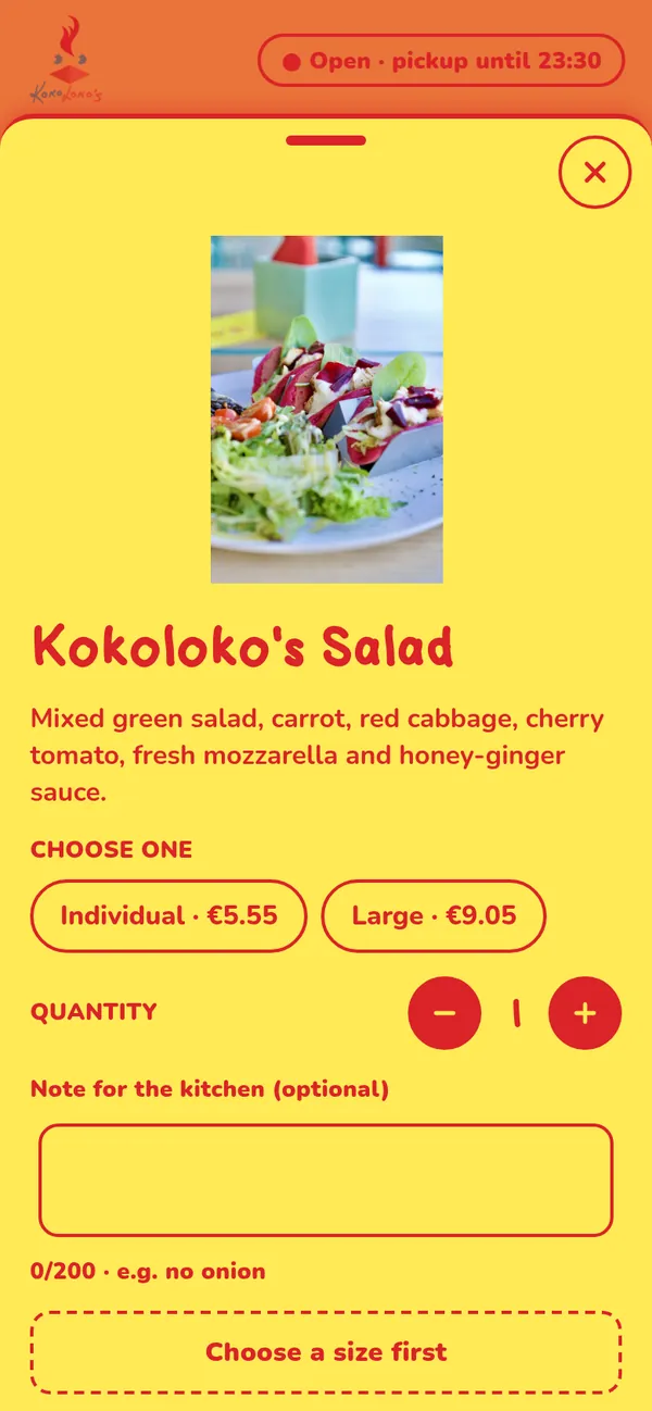 Product sheet for a salad with two sizes to choose from