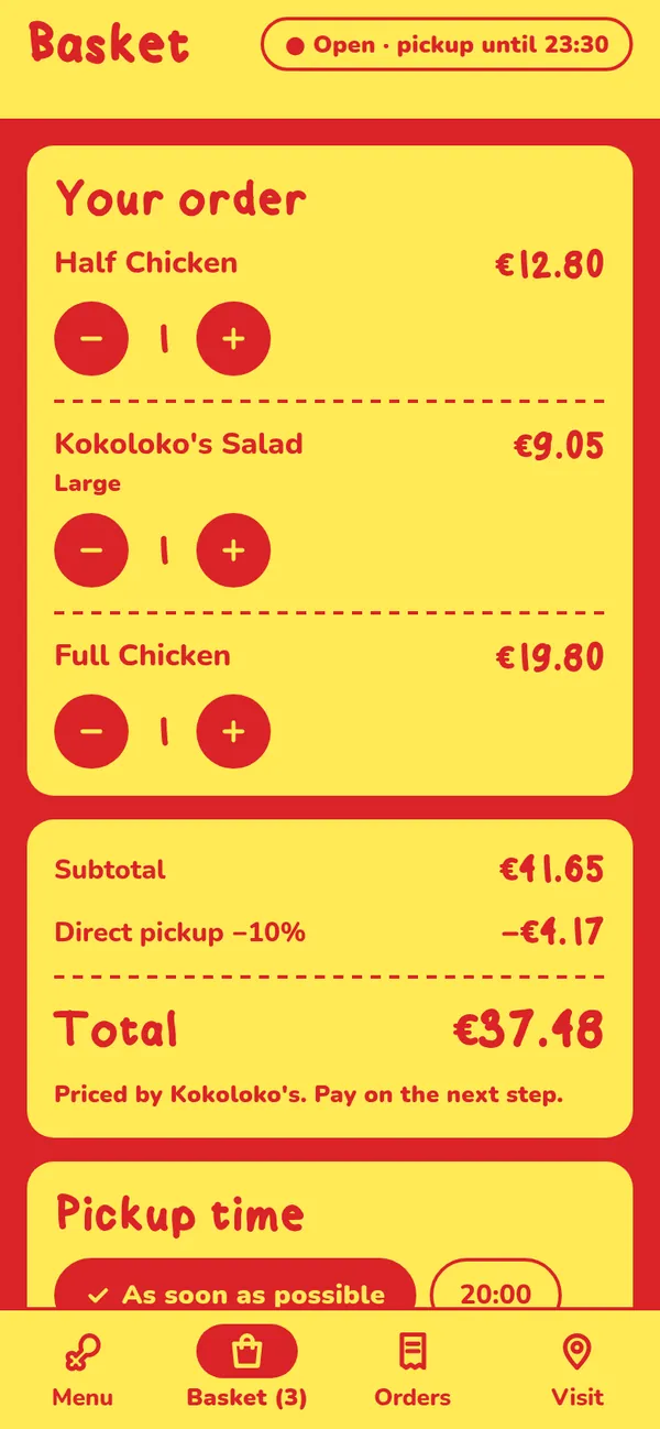 Kokoloko's app basket with the server's quote