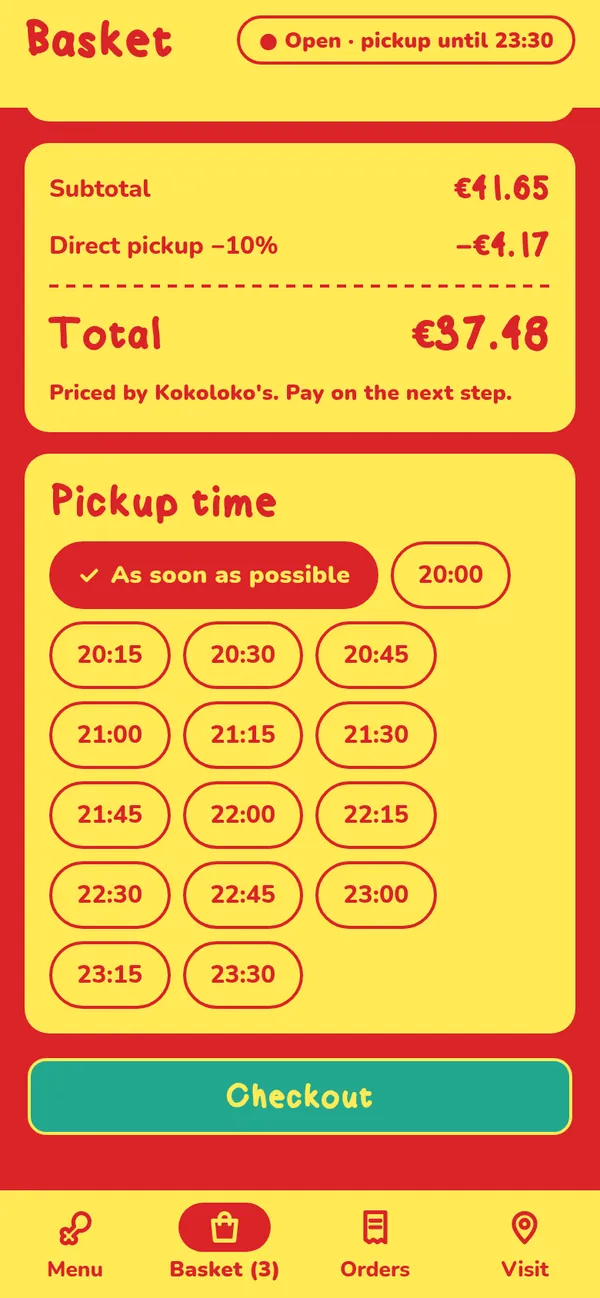 Basket with the server's total and pickup time slots