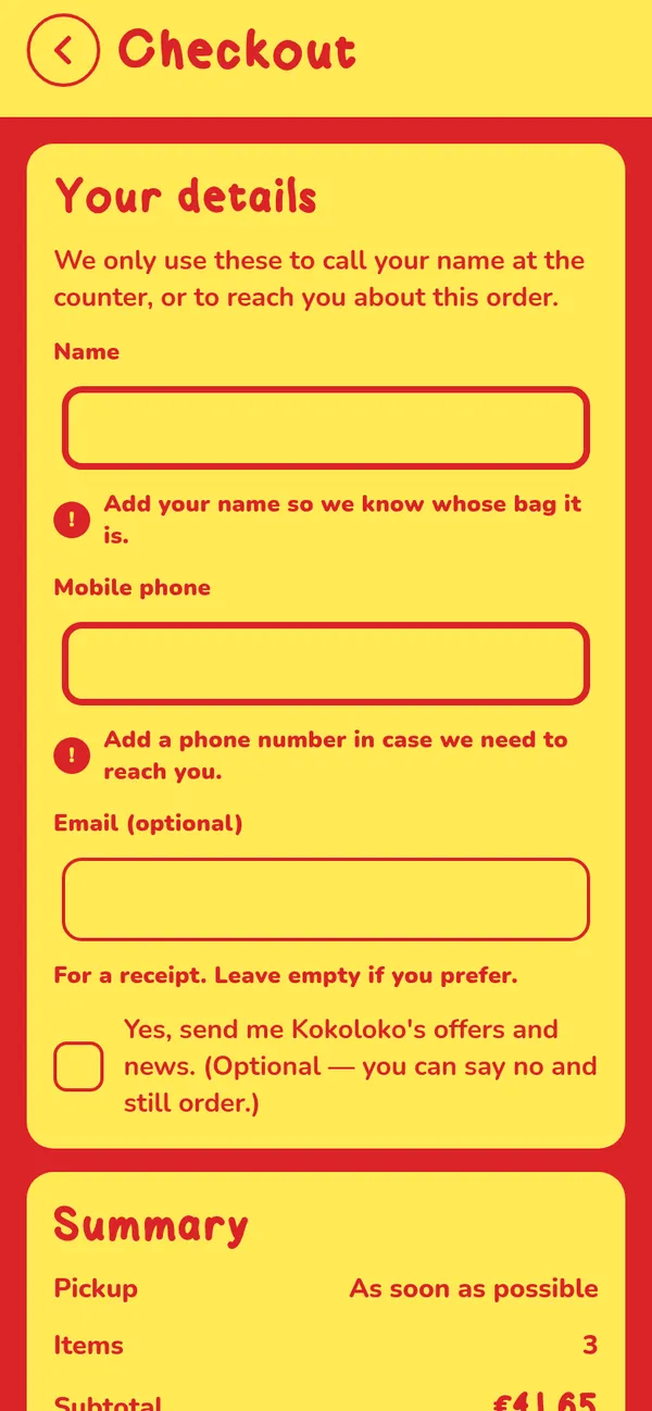 Checkout form with field errors for name and phone