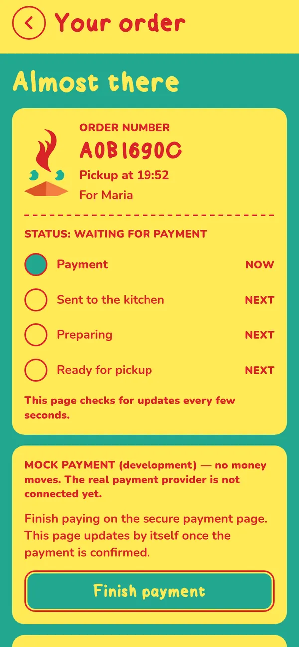 Order screen waiting for payment, labelled mock payment (development)