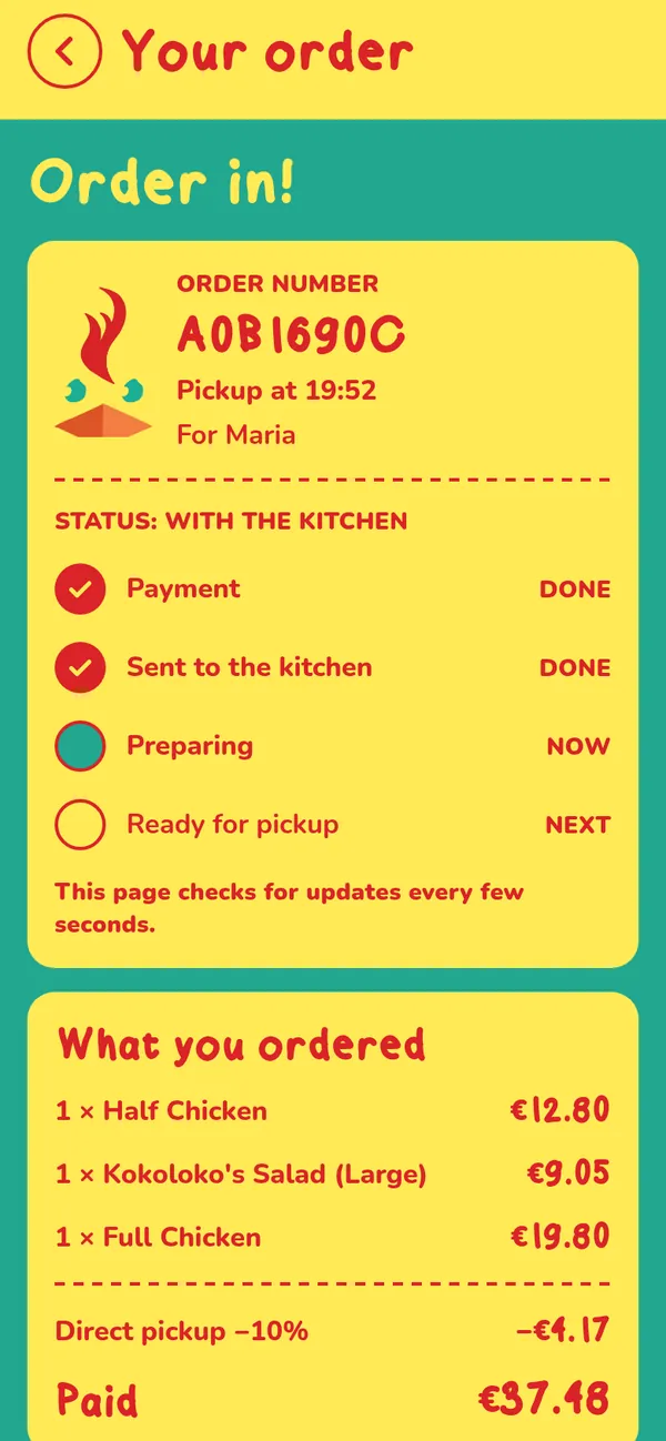 Kokoloko's app order confirmation