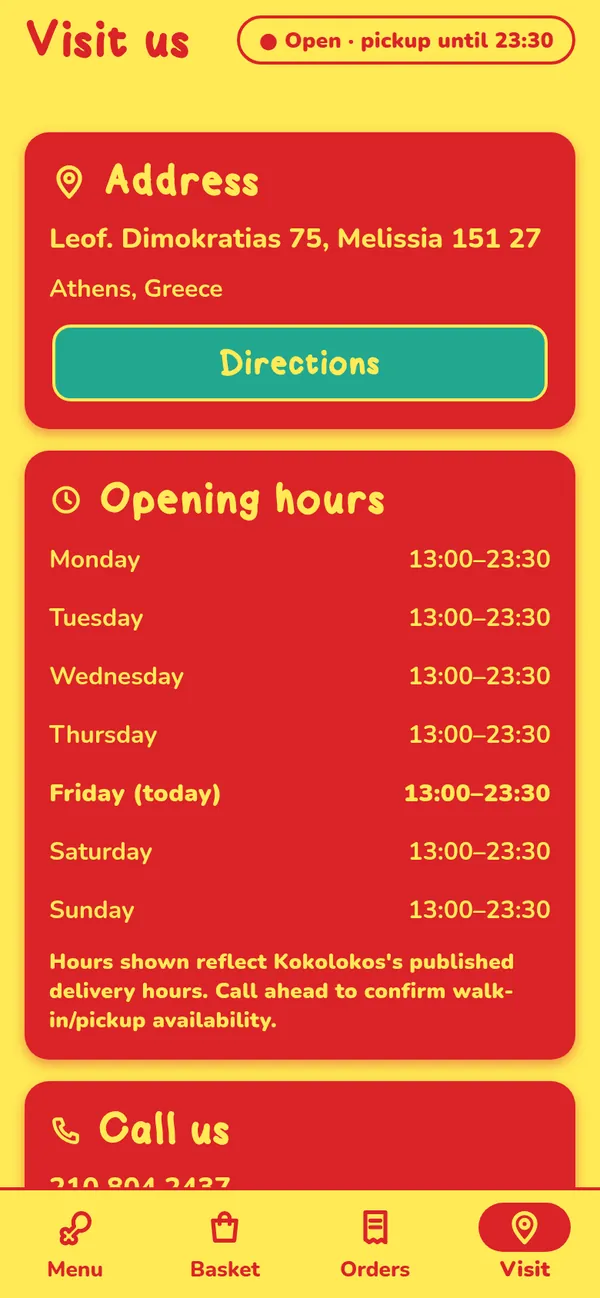 Visit tab with the address, directions and opening hours