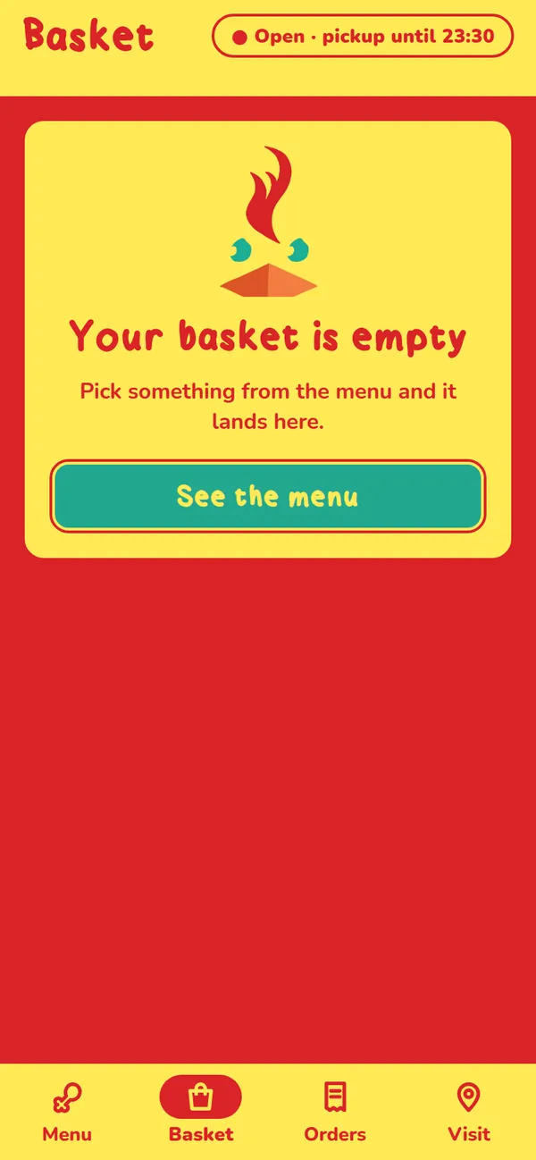 Empty basket with a See the menu button