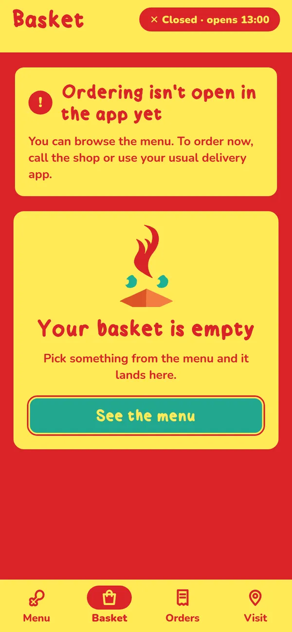 Basket explaining ordering isn't open in the app yet