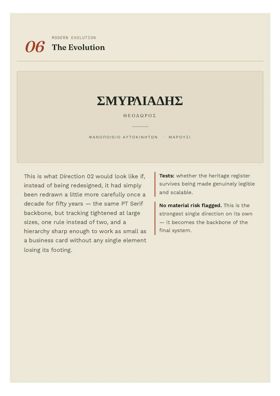 Identity guide page: direction 06 — The Evolution