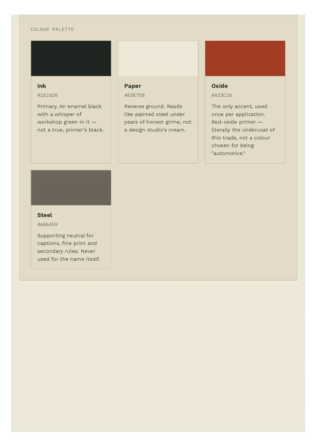 Identity guide: colour palette — Ink, Paper, Oxide, Steel